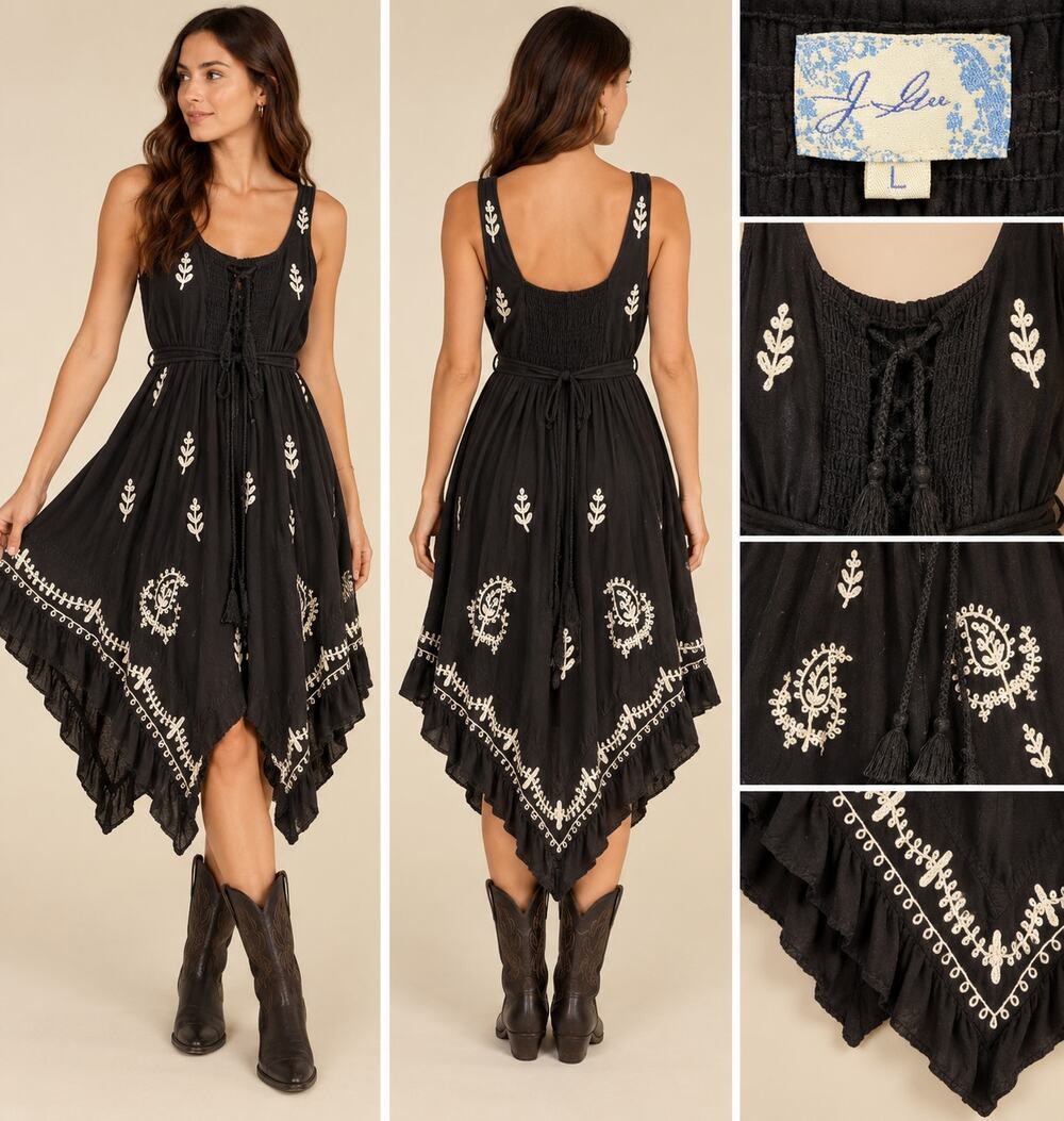 Xhilaration Large Black Embroidered Boho Midi Dress Handkerchief Hem Rayon